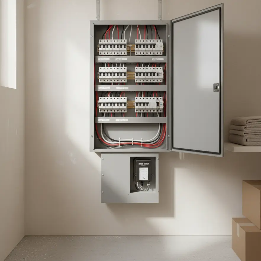 Technician inspecting a home electrical panel for repairs