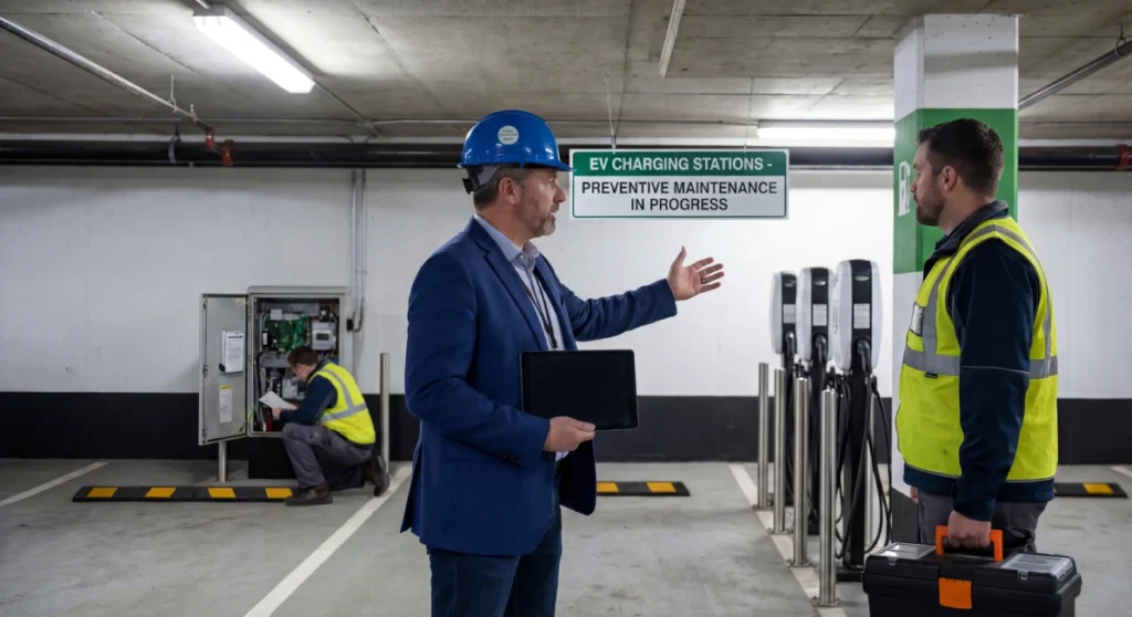 Facility manager discussing EV charging station preventive maintenance plan