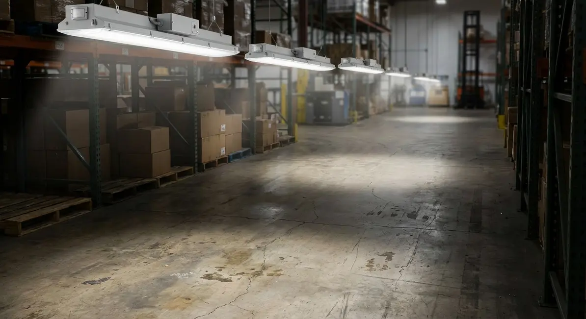 Technician working on high-bay LED fixtures in warehouse