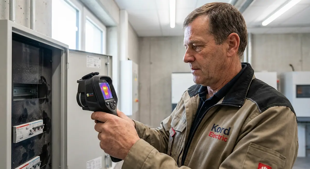 Technician performing thermal imaging for electrical safety in a Southern California commercial building