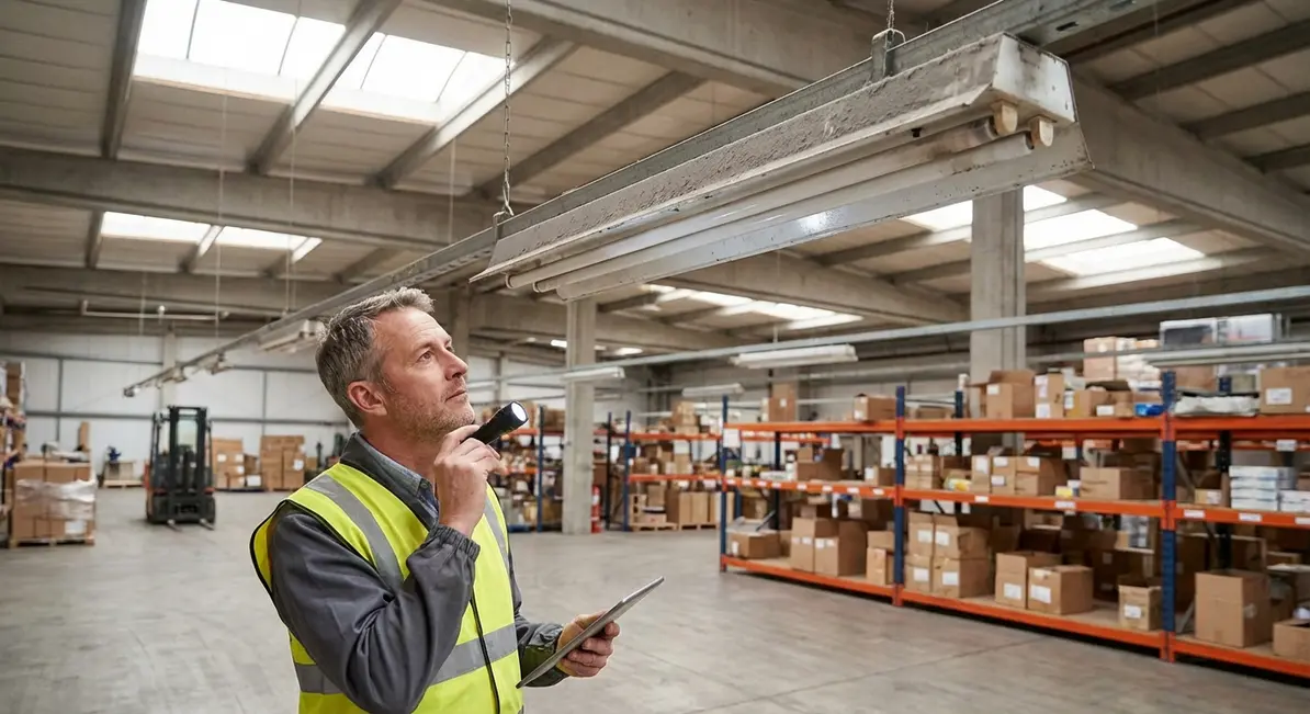 Technician assessing age of commercial lighting system