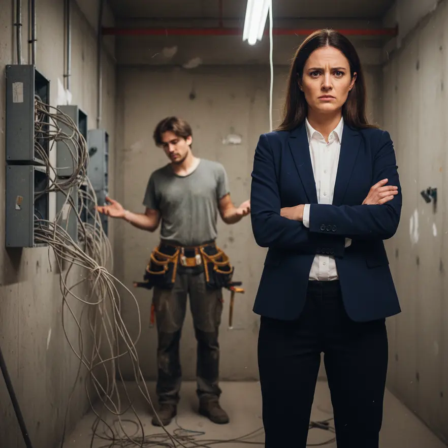 Electrician explaining inspection results to property manager