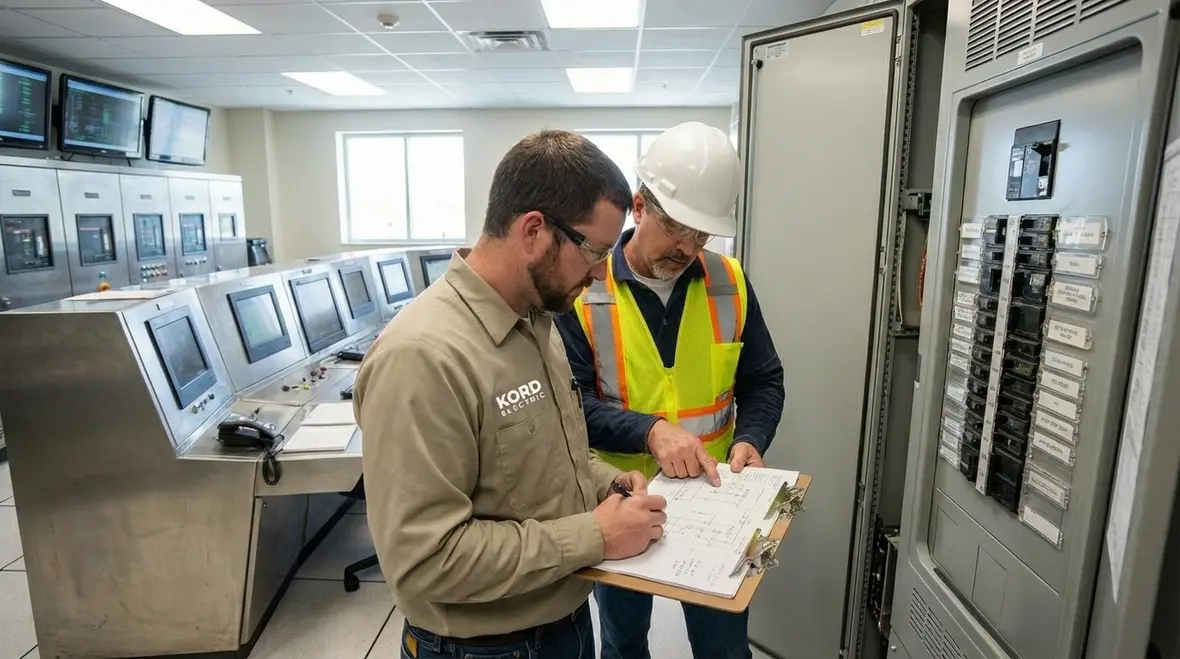 Technician performing commercial electrical repair on a faulty outlet circuit