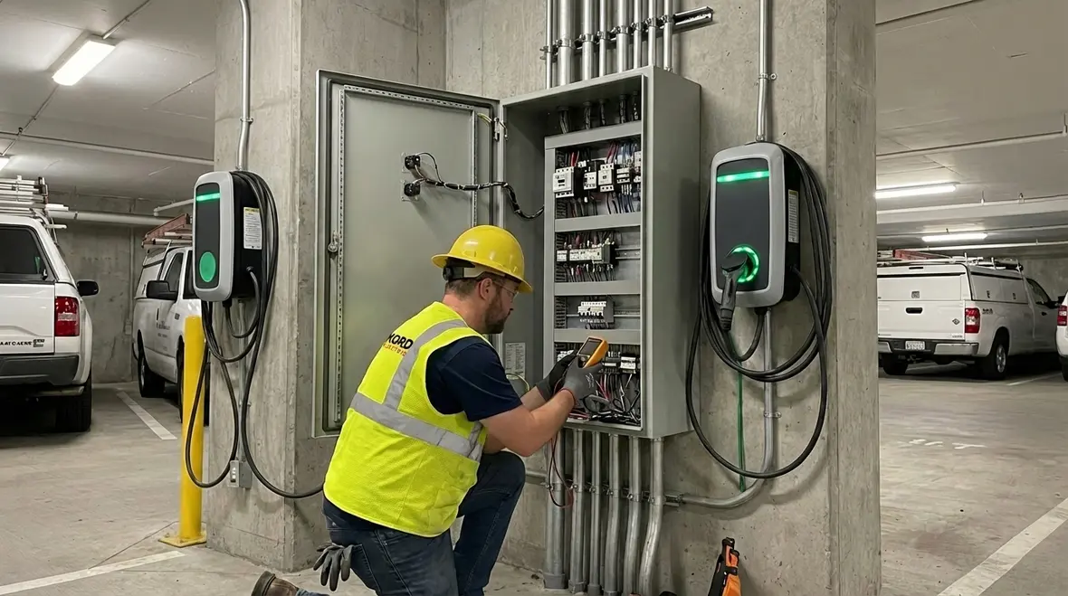 Parking lot with EV chargers serving tenants and visitors