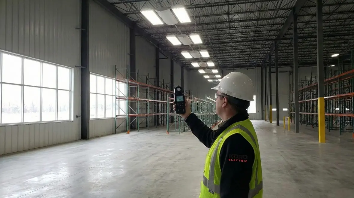 Technicians planning retrofit facility lighting in a large commercial warehouse