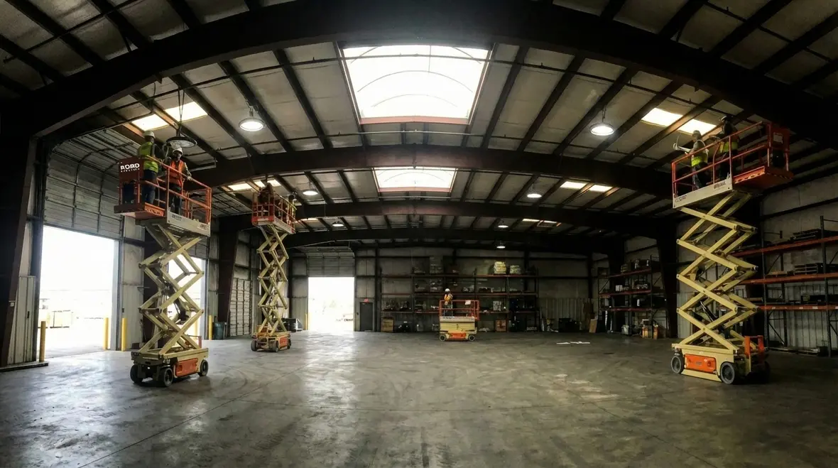 Commercial electrician evaluating lighting installation costs in a large facility