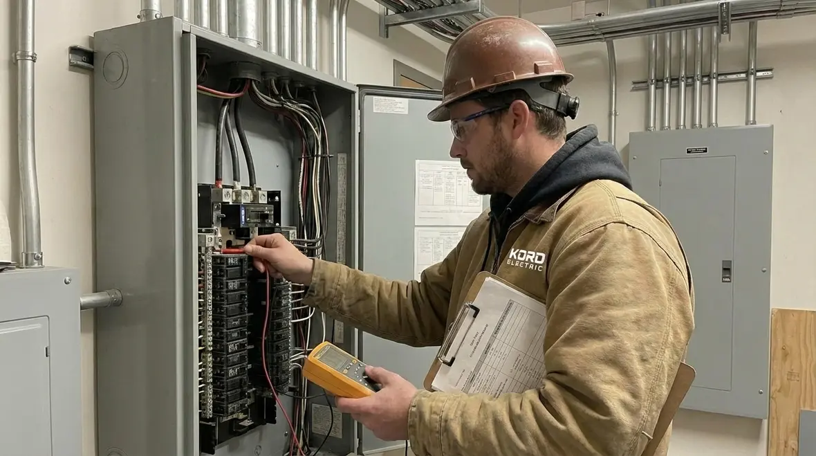 Kord Electric technicians evaluating a commercial panel upgrade los project
