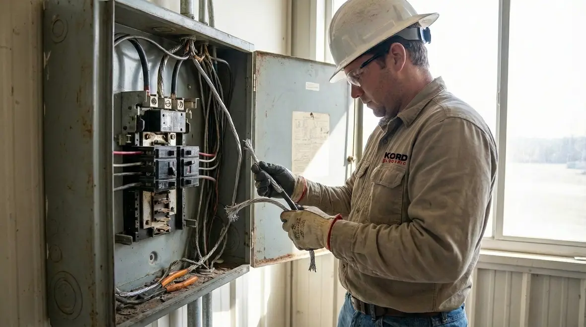 Technician inspecting aluminum electrical feeders in a commercial facility