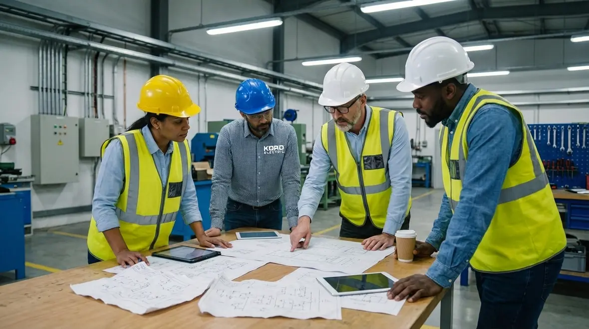 Commercial electricians planning phased aluminum wiring replacement in an industrial plant