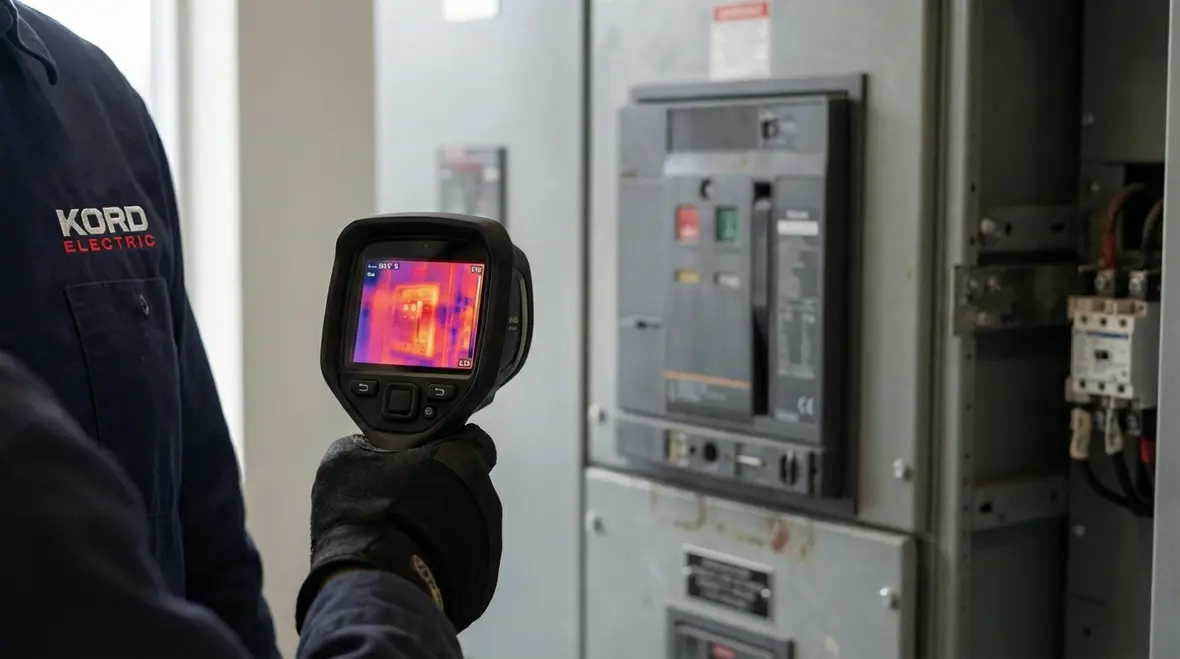 Commercial electrical panel being evaluated for aluminum wiring replacement