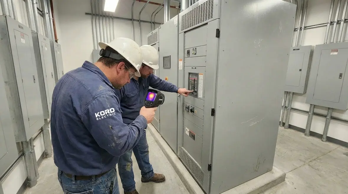 Technicians reviewing commercial electrical safety audit results