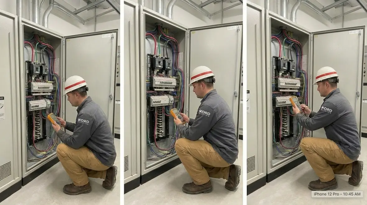 Technician testing a GFCI commercial safety device in an electrical room