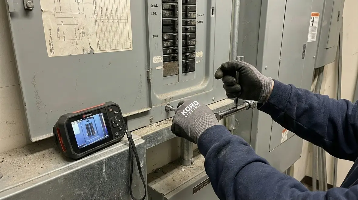 Industrial electrician inspecting wiring for short circuits and ground faults