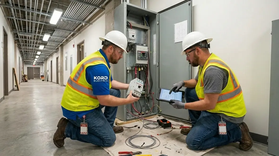 Technicians coordinating a commercial panel replacement shutdown