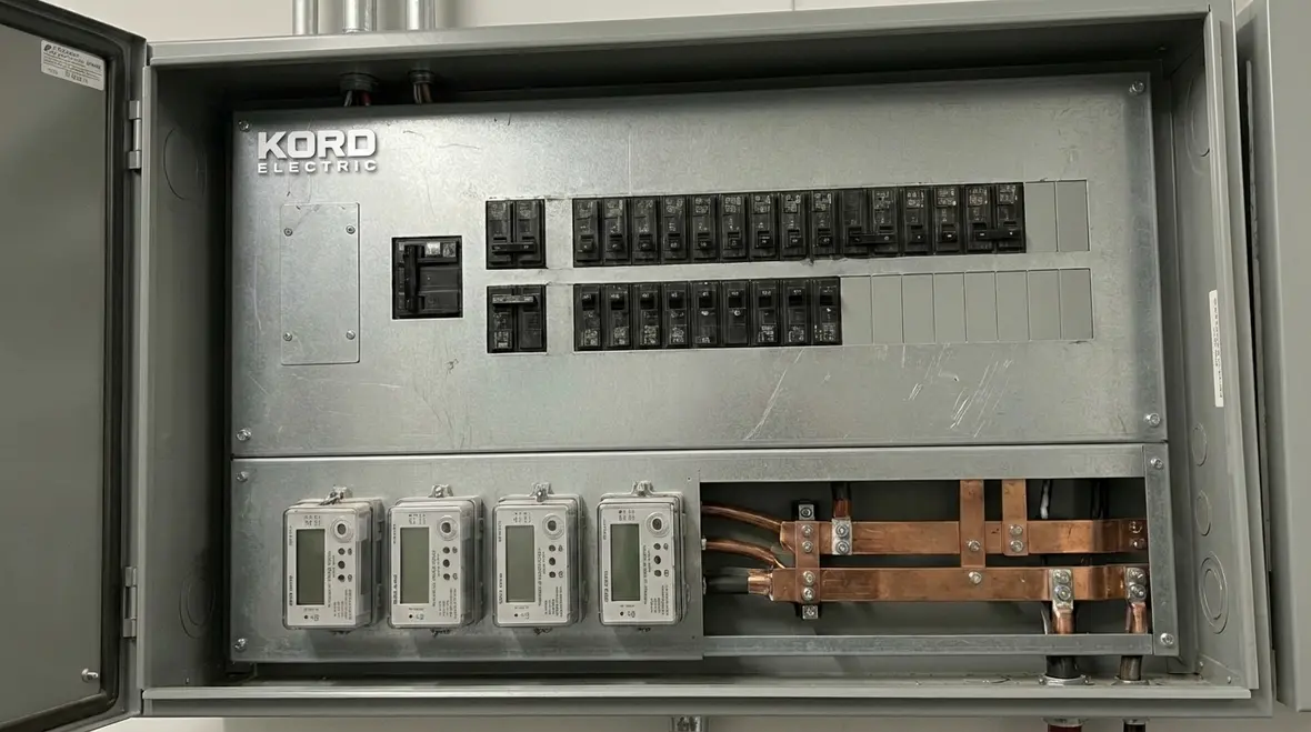 Modern commercial electrical panel with labeled circuits