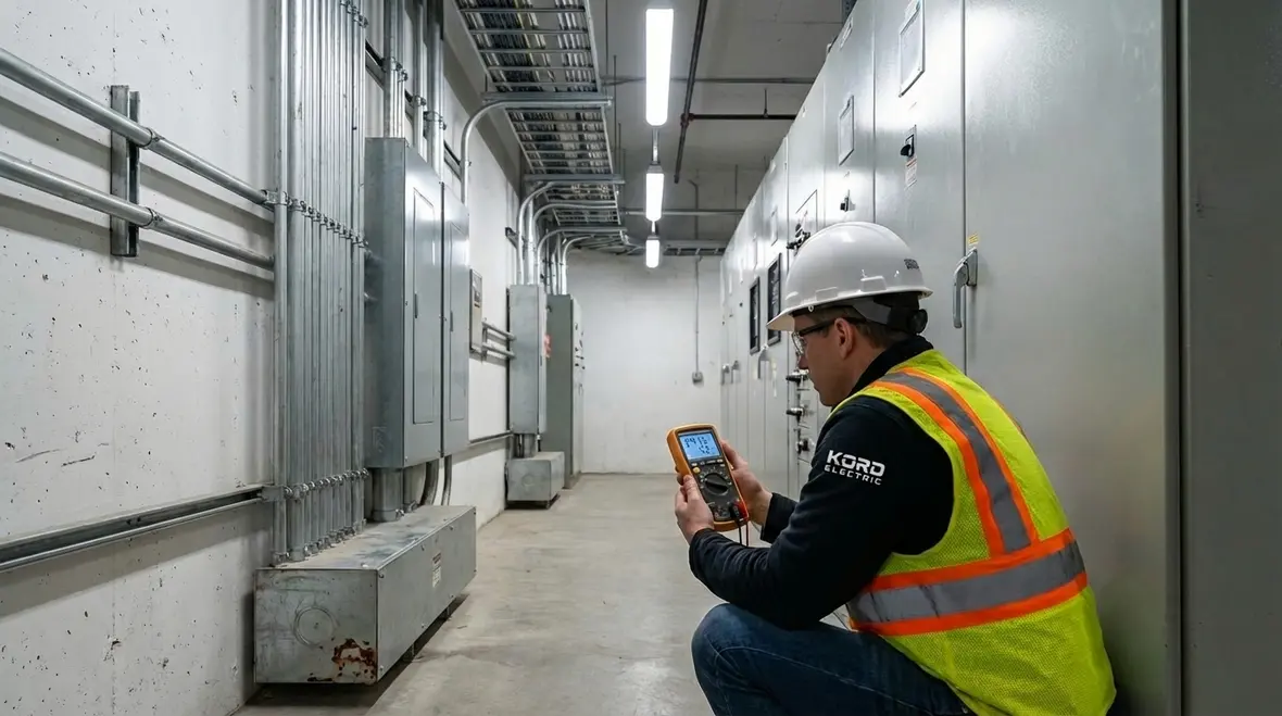 Technicians performing LED lighting upgrade in an industrial facility