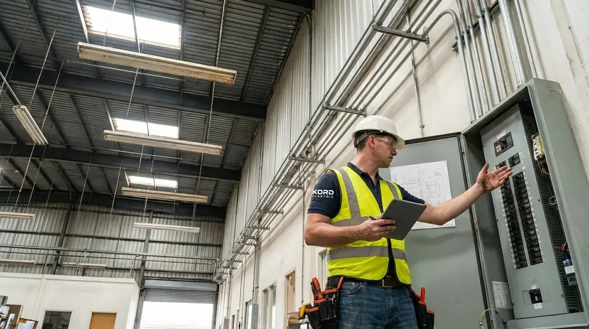 Technicians planning retrofit facility lighting layout in an operational warehouse