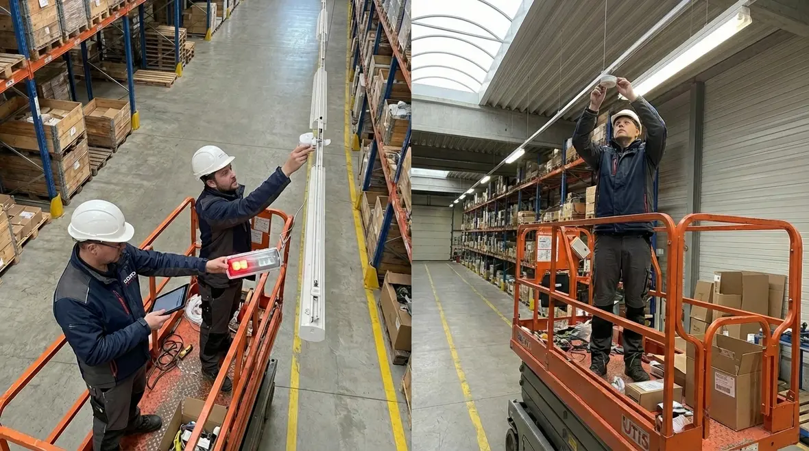 Technicians integrating commercial lighting controls