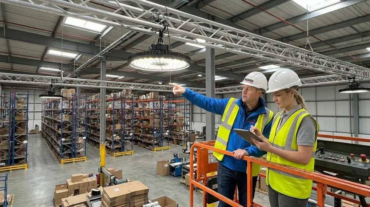 Technicians planning commercial lighting installation inside a large facility