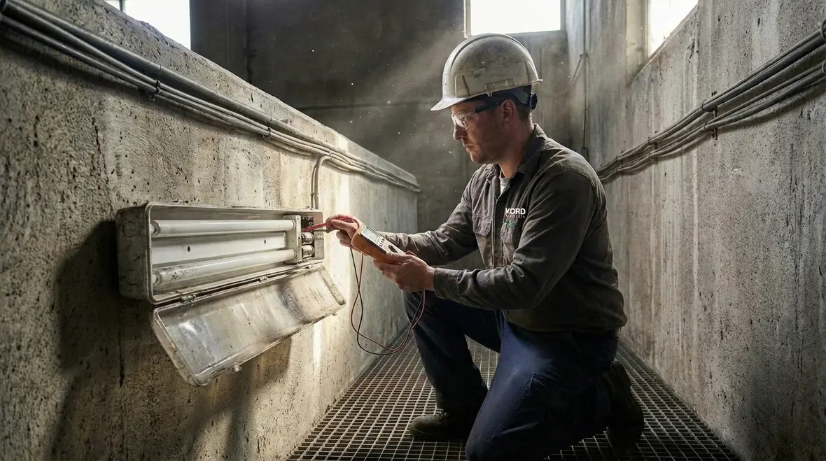 Technician repairing emergency exit light fixture in industrial facility