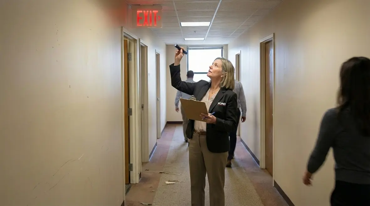 Property manager reviewing emergency lighting inspection checklist