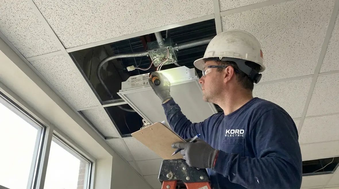 Engineers reviewing commercial lighting design plans