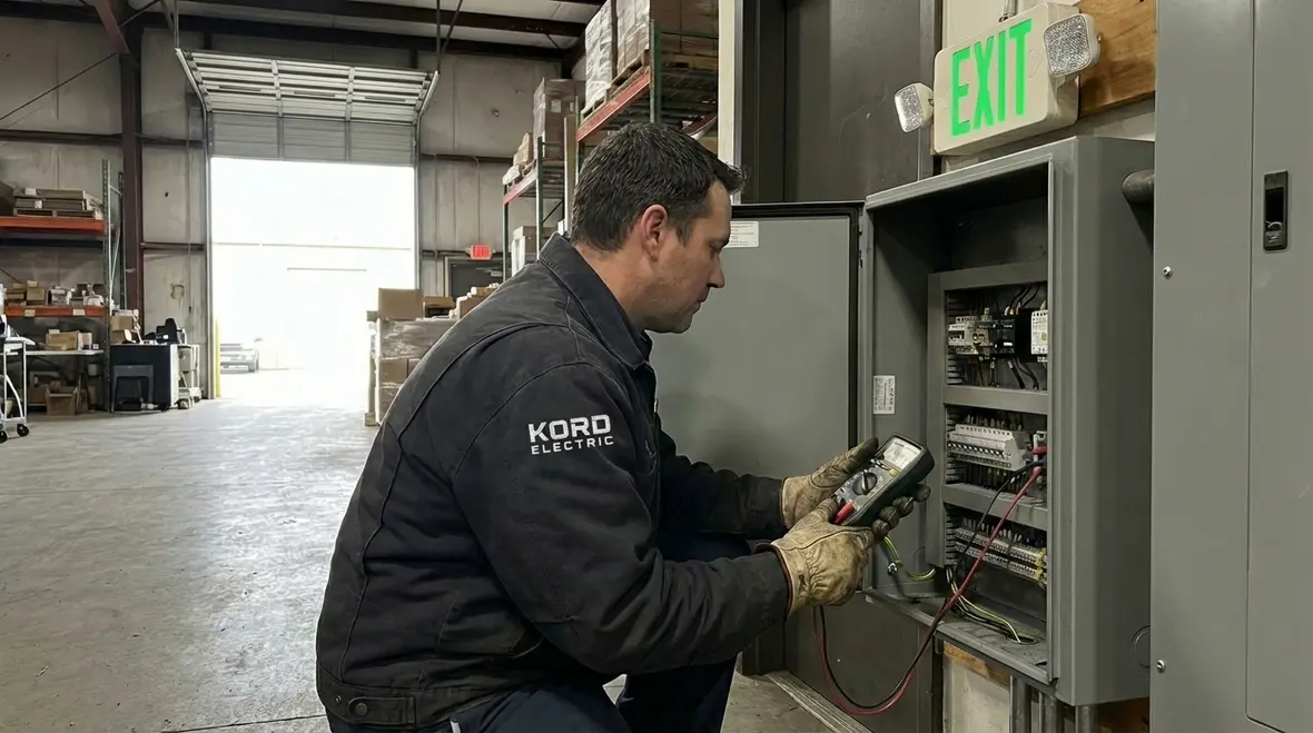 Kord Electric team installing commercial lighting that passes inspection