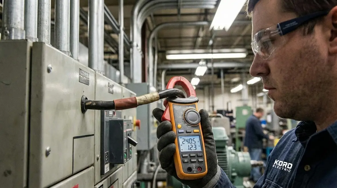 Technician inspecting commercial electrical panel in Los Angeles County