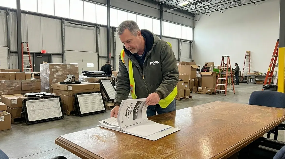 Property manager reviewing lighting installation guide