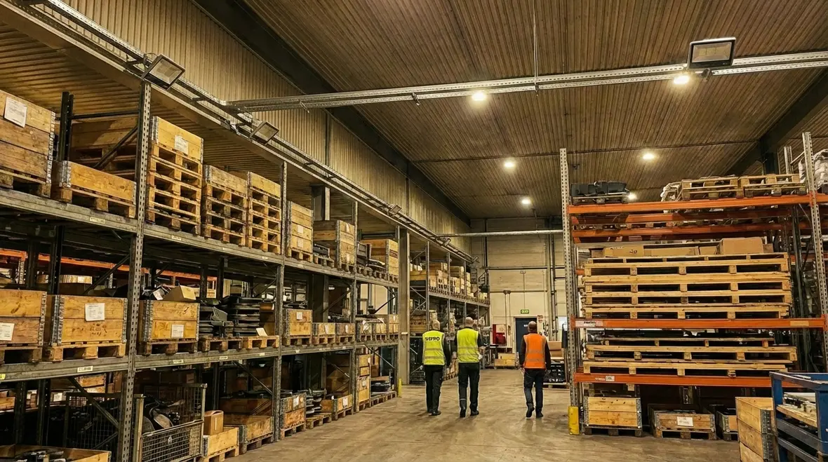 Emergency lighting layout design for a large industrial warehouse