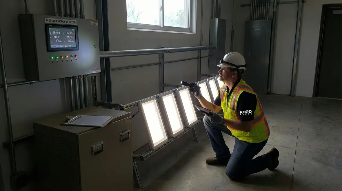 Code-compliant commercial lighting installation in a modern facility corridor