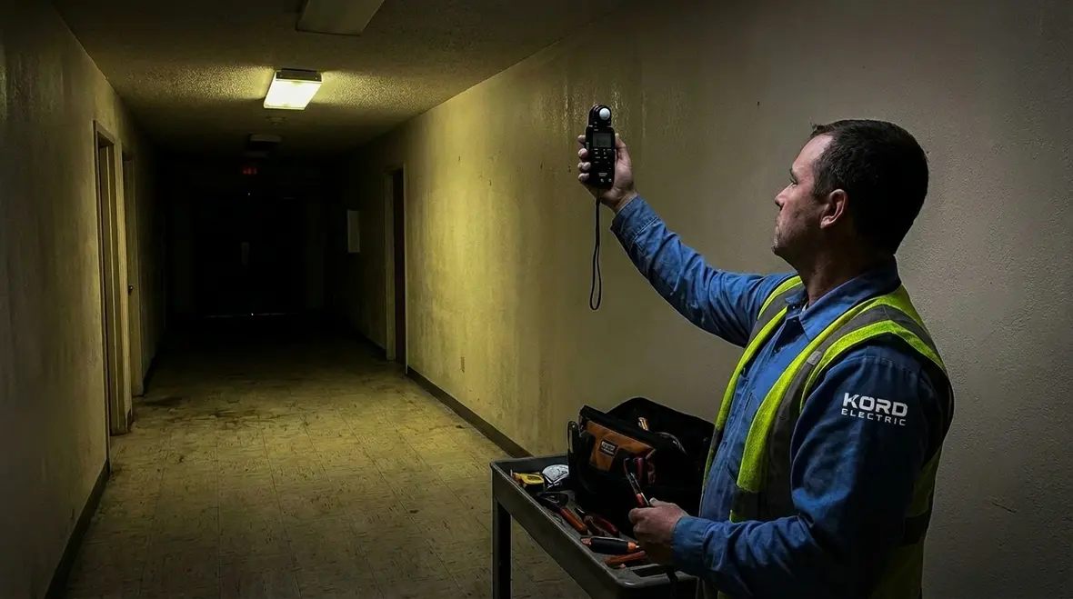 Electricians managing lighting loads on commercial panels