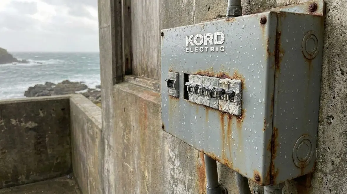 Commercial electrician inspecting corroded coastal electrical equipment in Santa Monica