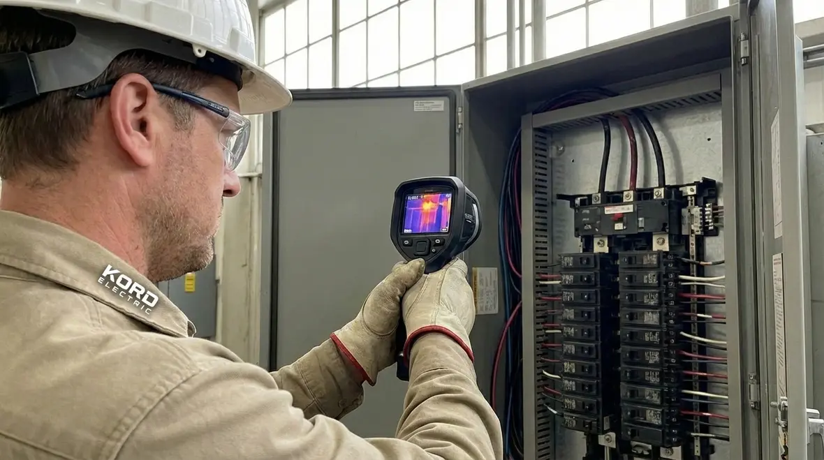Commercial electrician inspecting switchgear during preventive maintenance