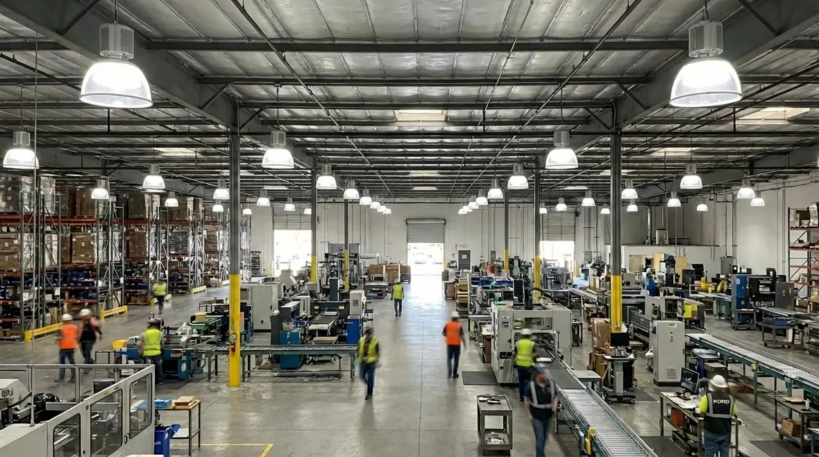 Technicians installing efficient LED lighting in an industrial facility