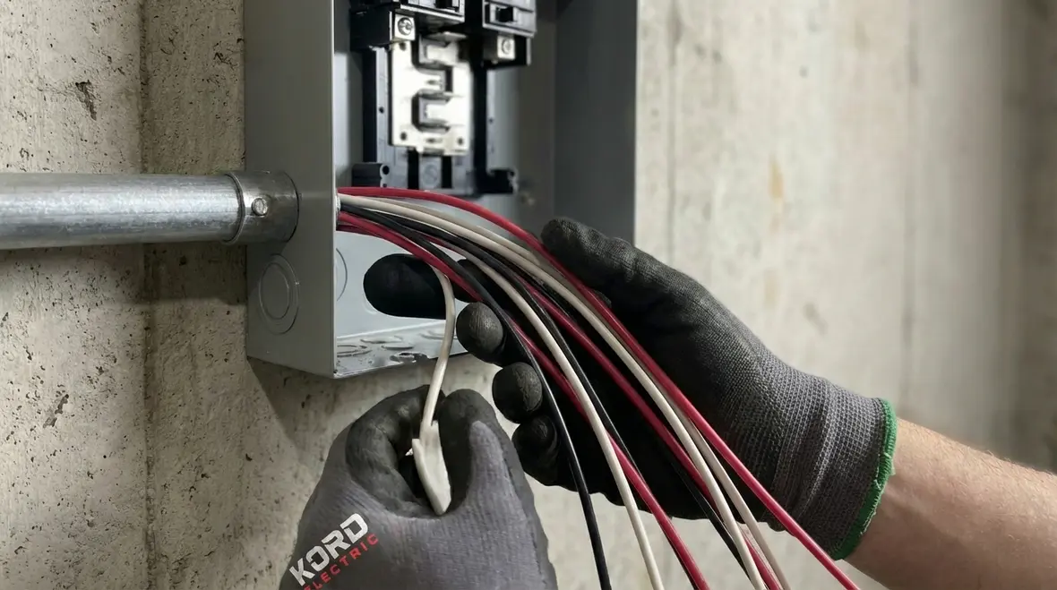 Electricians mounting and wiring a commercial subpanel step by step