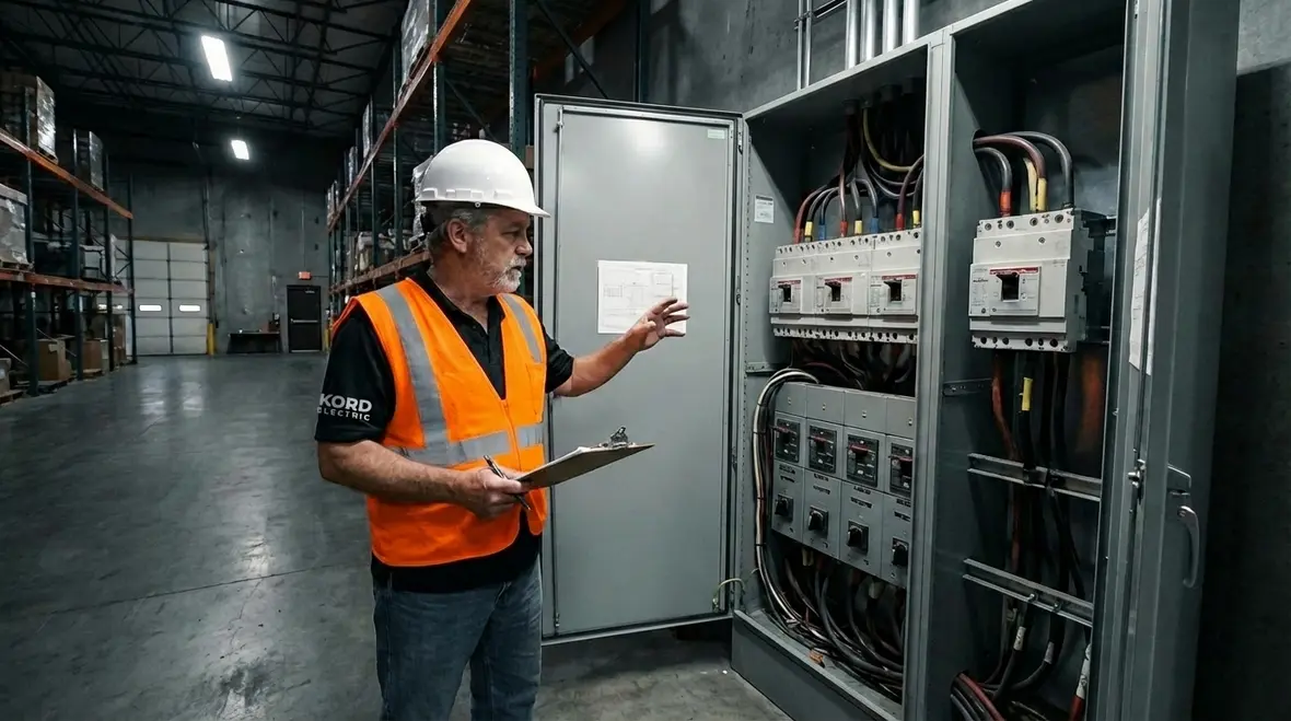 Commercial electrician inspecting electrical panels in a large facility
