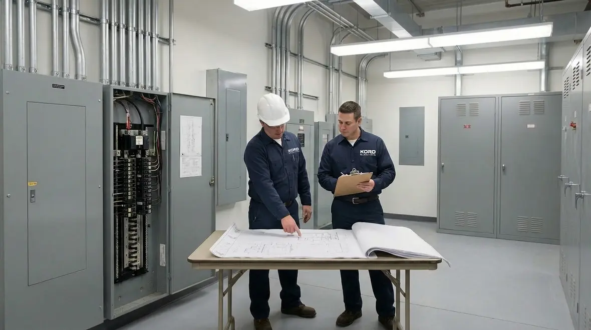 Electricians verifying code compliant arc fault protection in a commercial panel