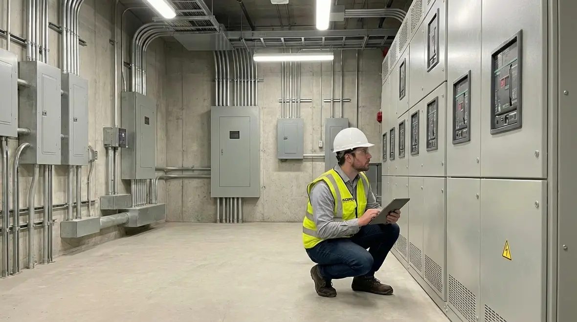 High-rise commercial electrical room designed for California code compliance