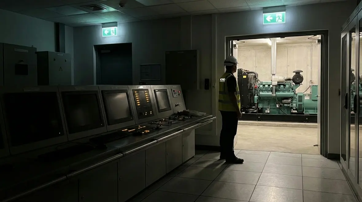 Commercial backup generator system protecting a large facility during a power outage