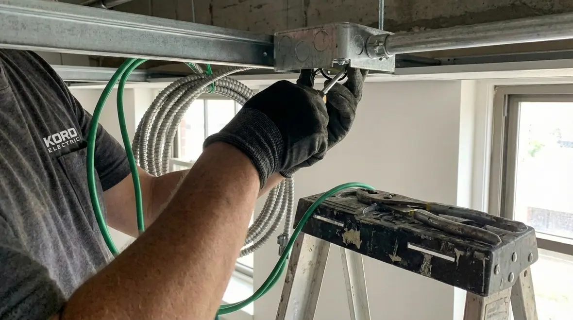 Electrician performing safe wiring fan connections in an industrial facility