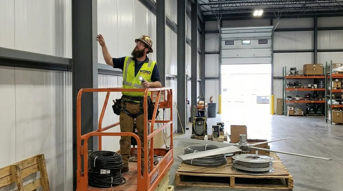 Technician completing a commercial ceiling fan install in a large facility