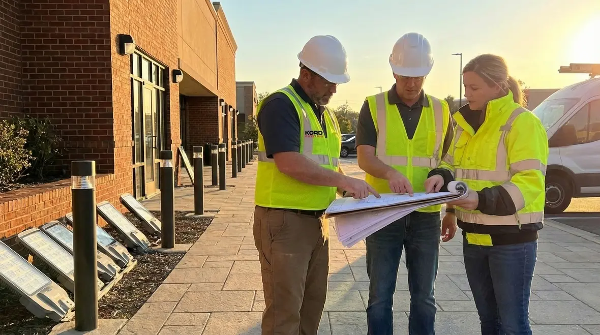 Technicians planning a commercial outdoor lighting layout with site drawings