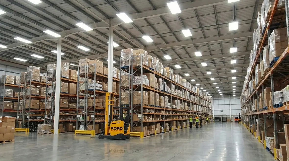 Technicians performing a commercial lighting retrofit in an industrial facility
