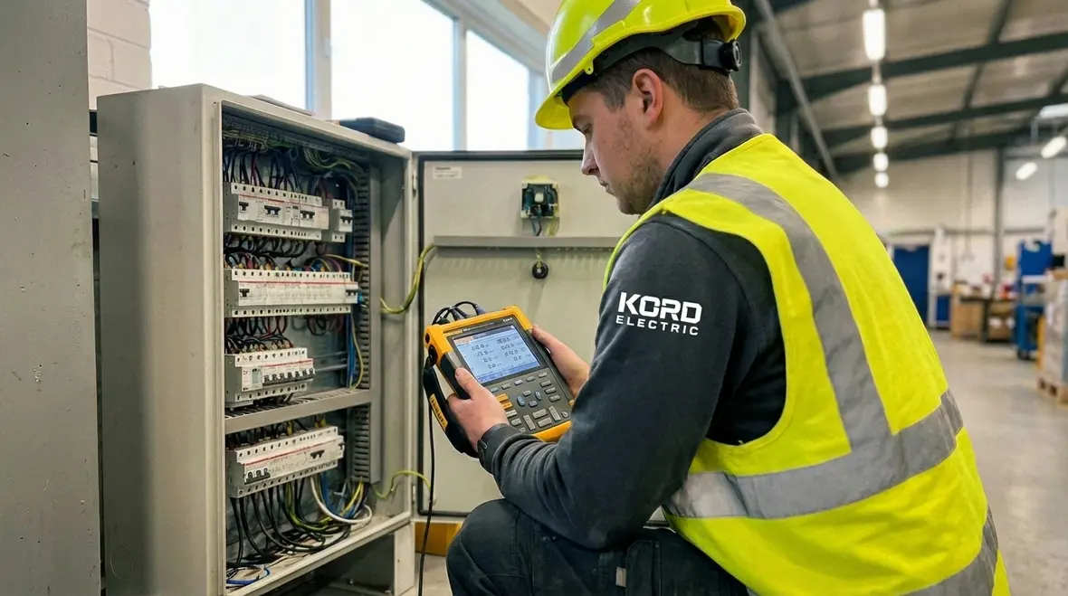 Energy audit technician measuring load profiles in a commercial electrical room