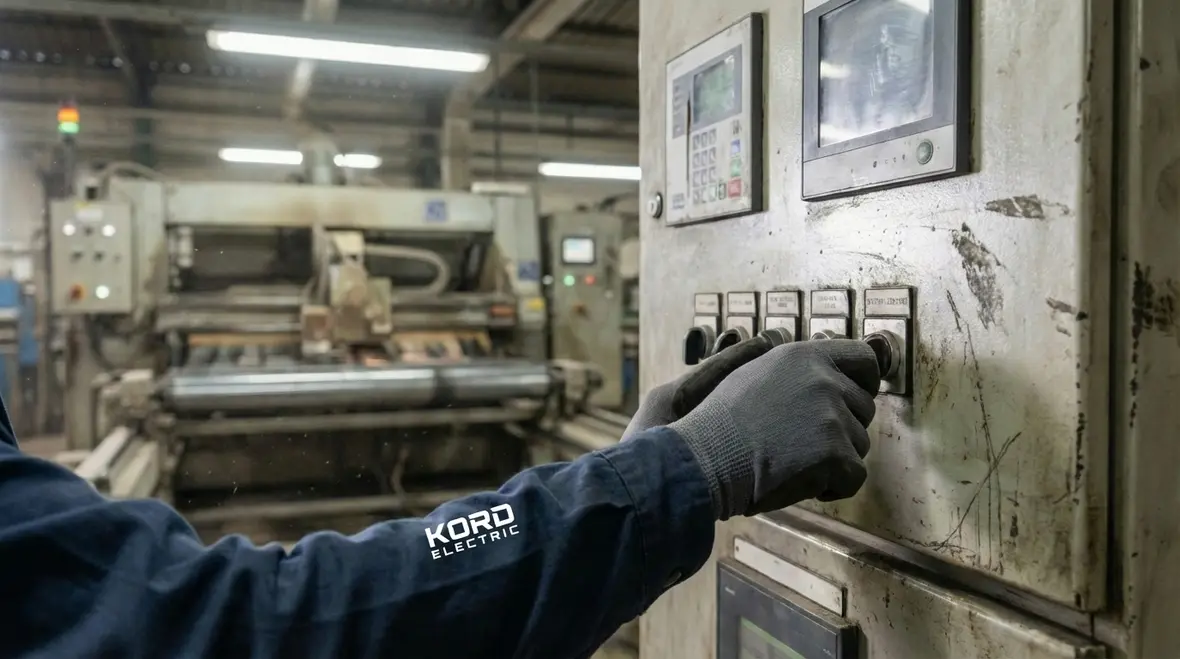 Technician balancing electrical loads to improve energy efficiency in a large facility