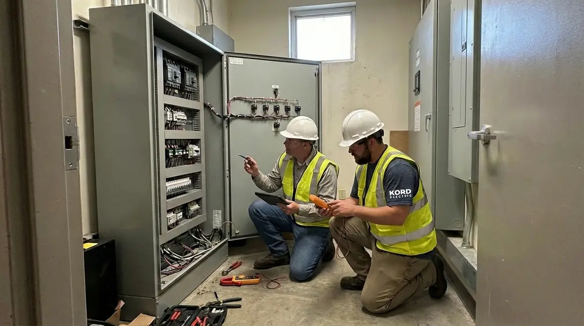 Commercial electrician working in a large industrial electrical room