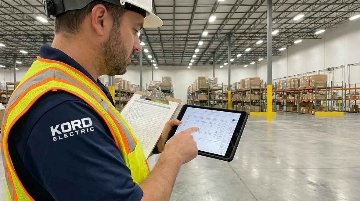 Technician reviewing commercial lighting compliance checklist in California building