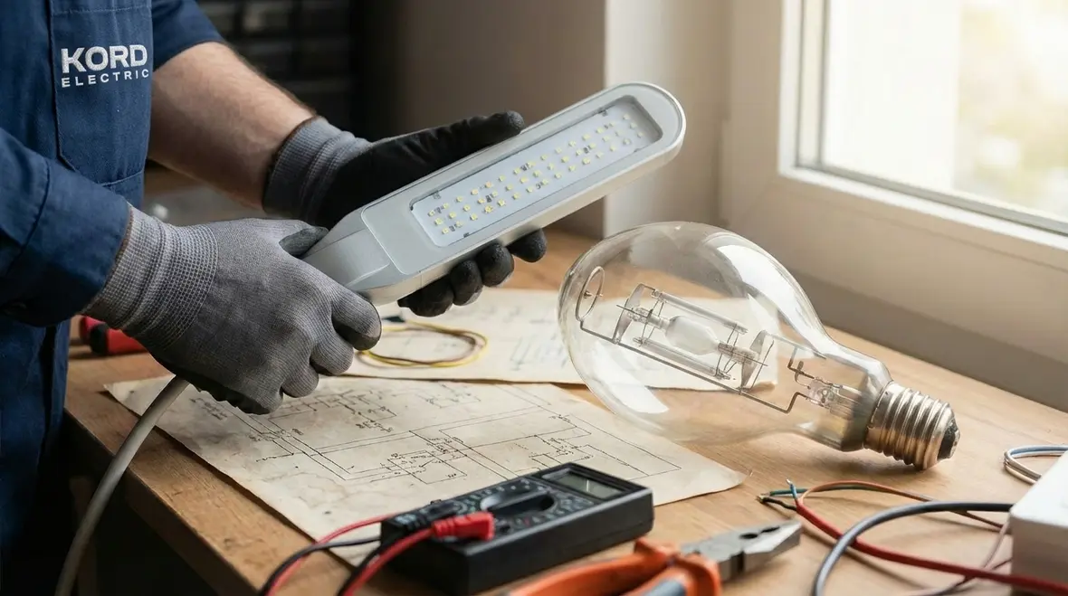 Electricians installing new LED commercial lighting fixtures