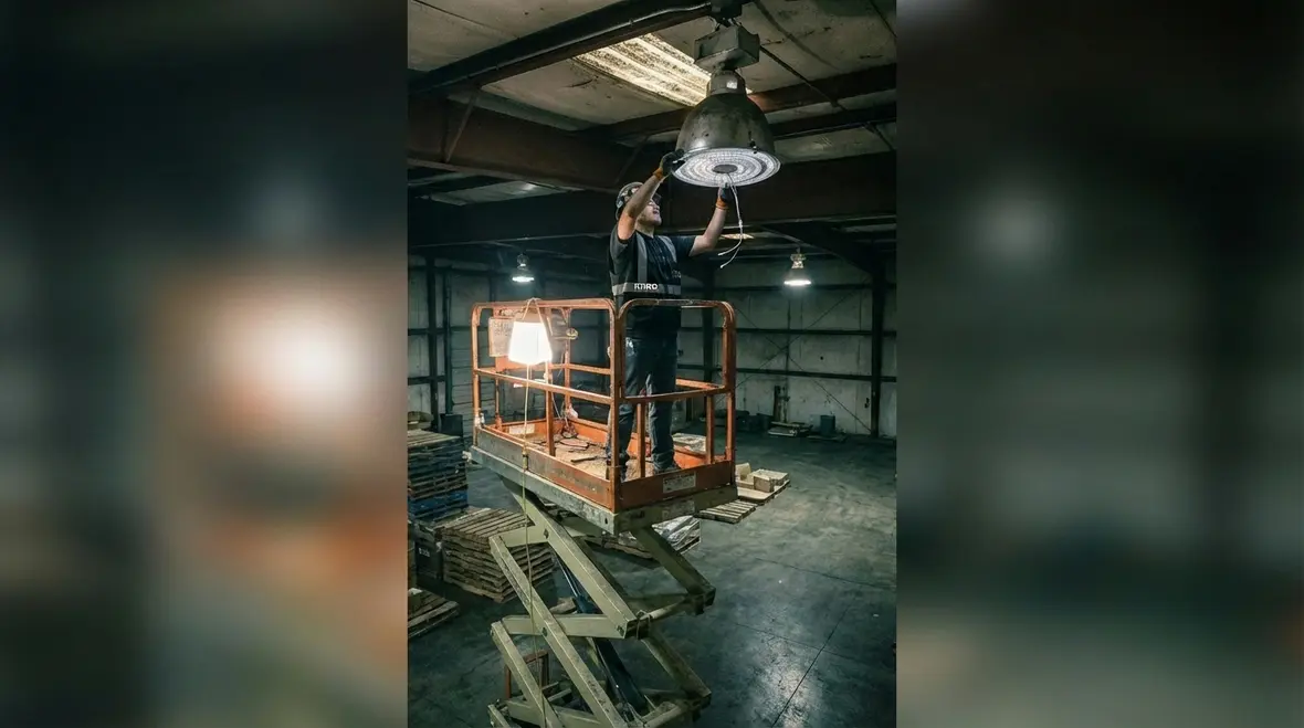 Technicians reviewing LED retrofit vs full lighting replacement layout in a commercial facility